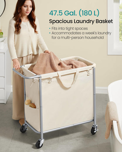 SONGMICS Laundry Basket with Wheels, Rolling Laundry Hamper, 47.5 Gallons (180 L), Removable Liner