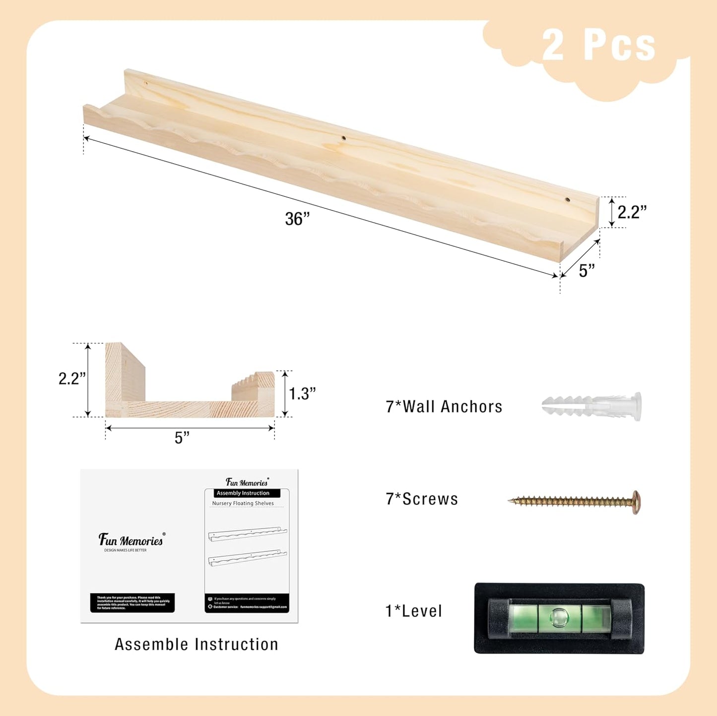 Fun Memories Picture Ledge Shelf for Wall, 36 inch Pine Wood Nursery Book Shelves Set of 2- Wall
