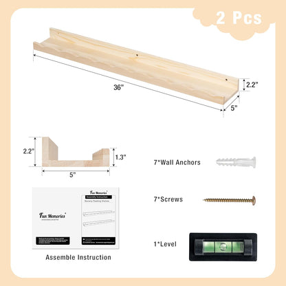 Fun Memories Picture Ledge Shelf for Wall, 36 inch Pine Wood Nursery Book Shelves Set of 2- Wall