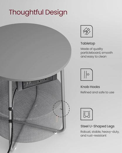 VASAGLE Side Table with Charging Station, Round End Table with Fabric Basket, Nightstand with Power