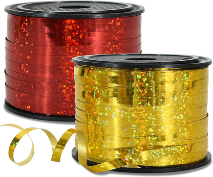 BEISHIDA 2 Pack 100 Yards Red Gold Ribbon Curling Crimped Glitter Balloon String Shiny Metallic for