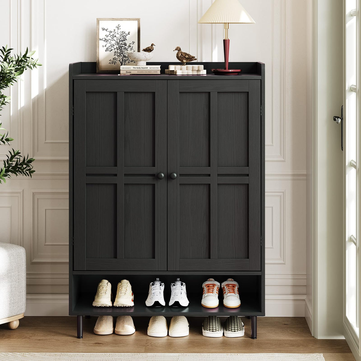 ComfyCorner Shoe Cabinet with Cross Molding Doors, 6-Tier Storage, Black