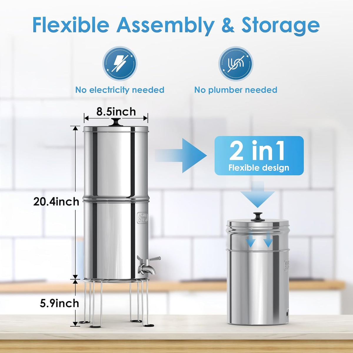 AQUA CREST Gravity Water Filter System, 304 Stainless Steel Countertop System with 4 Filters and