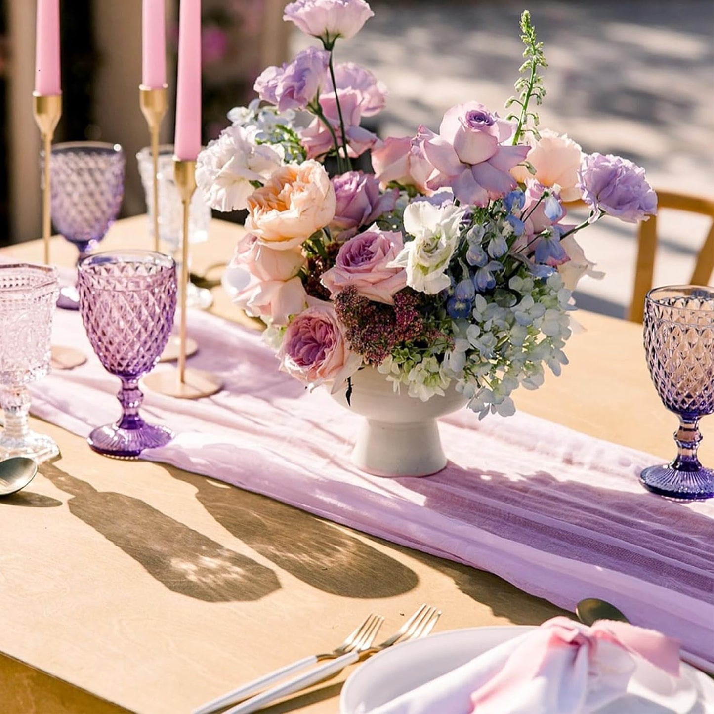 Sioloc 5 Pack Lilac Purple Lavender Cheesecloth Table Runner Fall Autumn Decor for Home 10ft Table