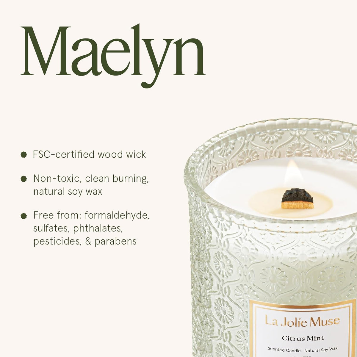 LA JOLIE MUSE Citrus Mint Candle - Bergamot, Yuzu, Mint | 19 oz Large Wooden Wick Candle | Natural