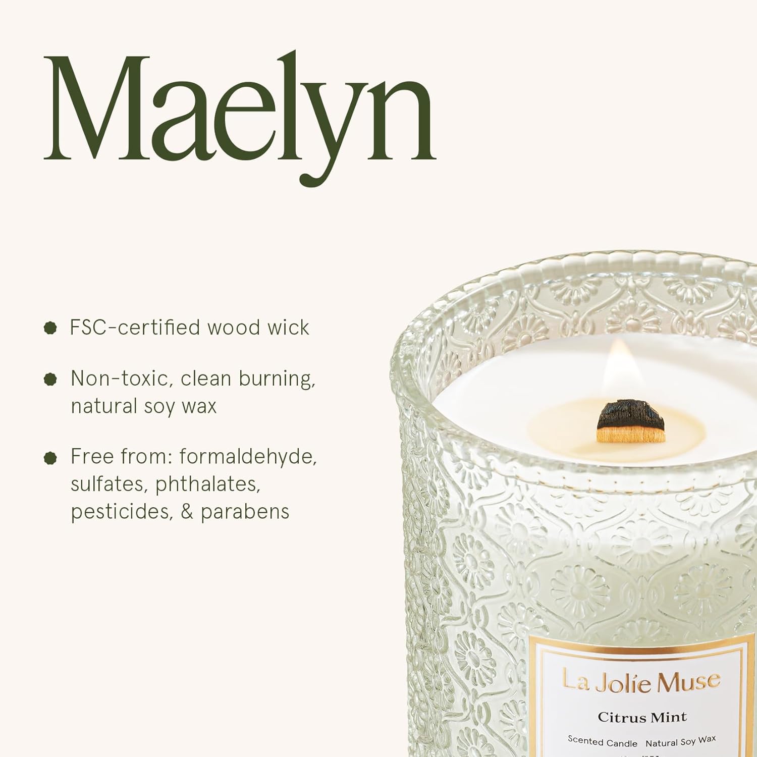 LA JOLIE MUSE Citrus Mint Candle - Bergamot, Yuzu, Mint | 19 oz Large Wooden Wick Candle | Natural