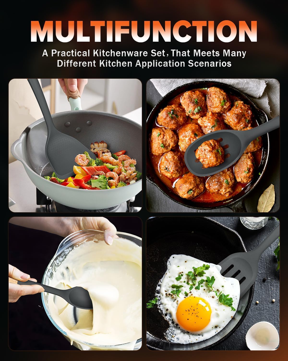 Silicone Cooking Utensils Set, Perfectly Angled for Frying, Mixing,Serving,Draining,Turning and