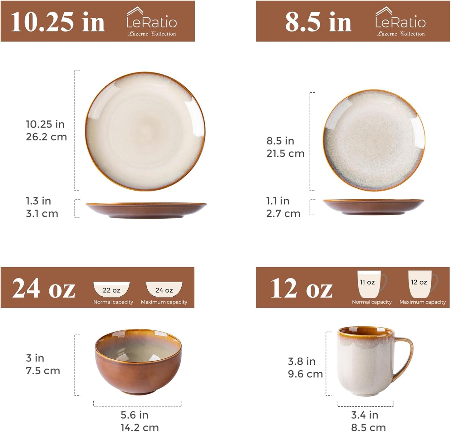 LERATIO Ceramic Dinnerware Sets for 4,16-Piece Reactive Glaze Plates and Bowls Set with Mugs,Highly