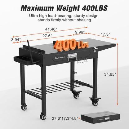 Grill Table for Outside, Portable Folding Grill Cart with Wheels and Adjustable Tabletop, 400 Lbs