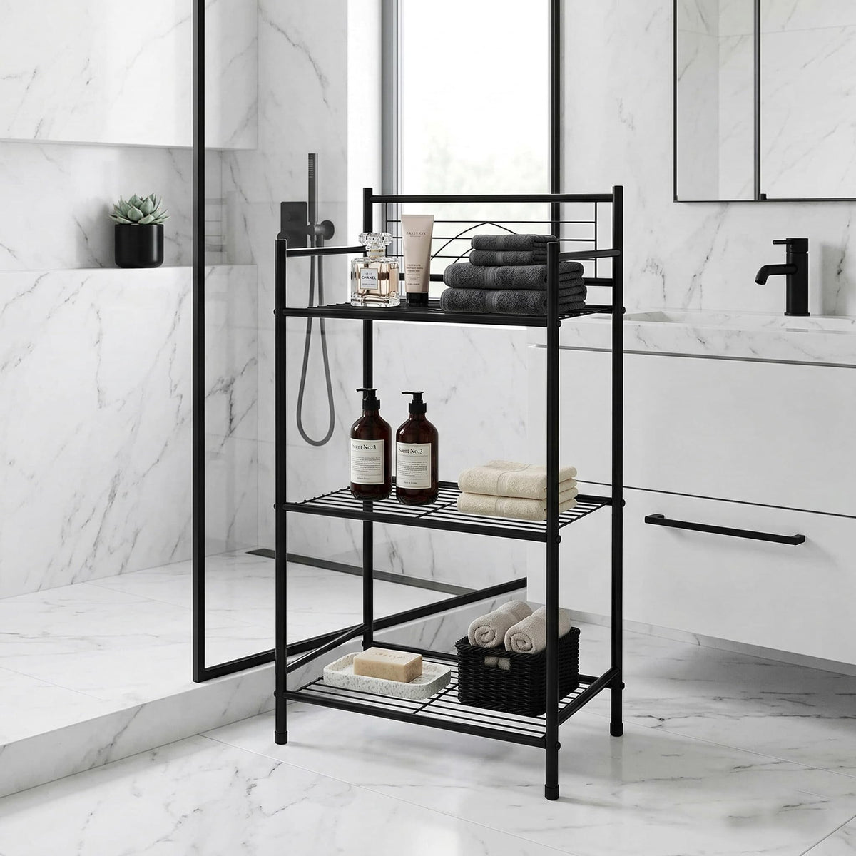 Bath Bliss 3 Tier Freestanding Bathroom Storage Shelf, Black Metal Organizer Rack | Rust Resistant