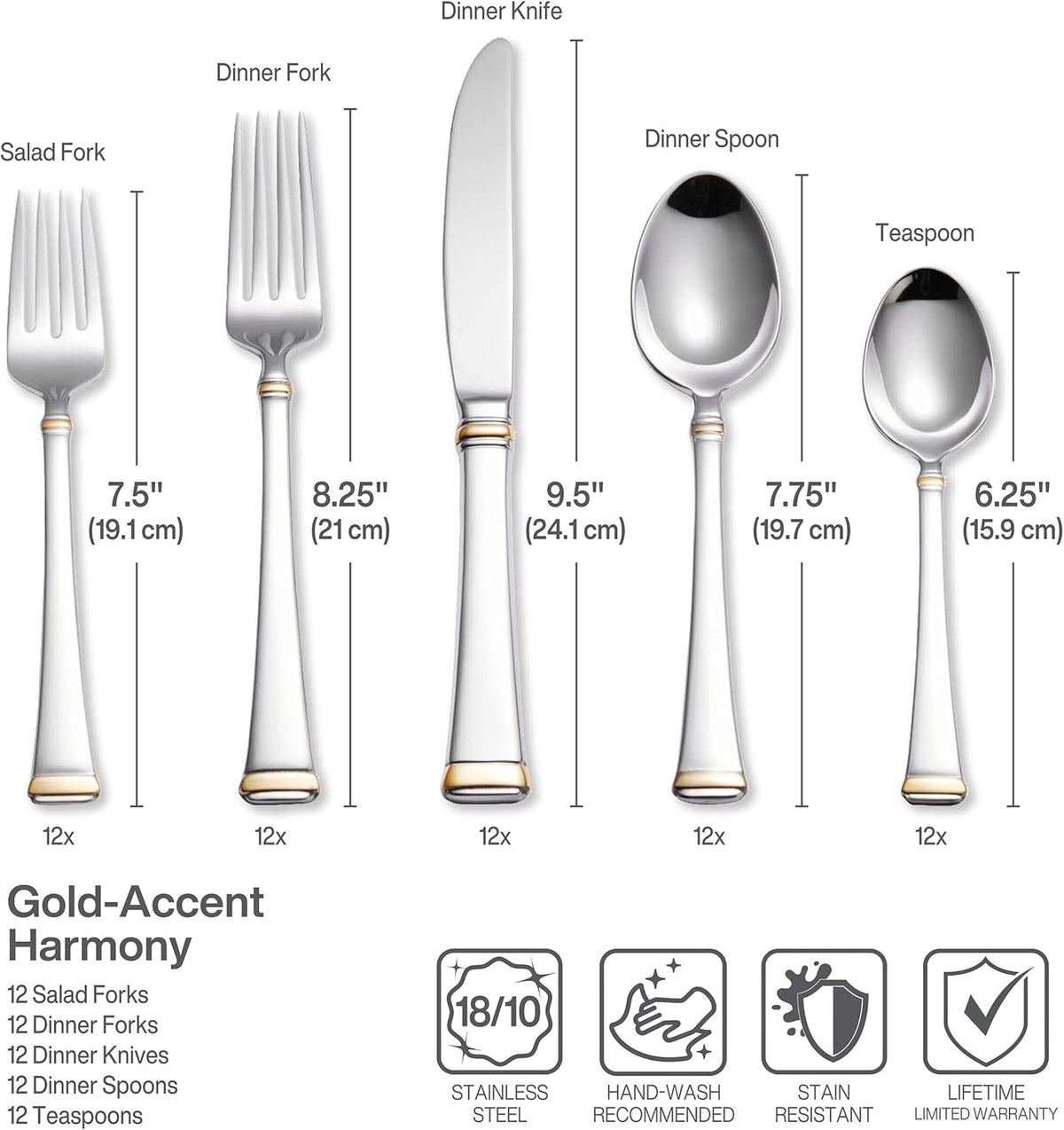 Mikasa Gold Accent Harmony Flatware Set for 12, 65 Piece 18/10 Stainless Steel Silverware with