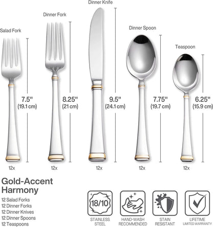 Mikasa Gold Accent Harmony Flatware Set for 12, 65 Piece 18/10 Stainless Steel Silverware with