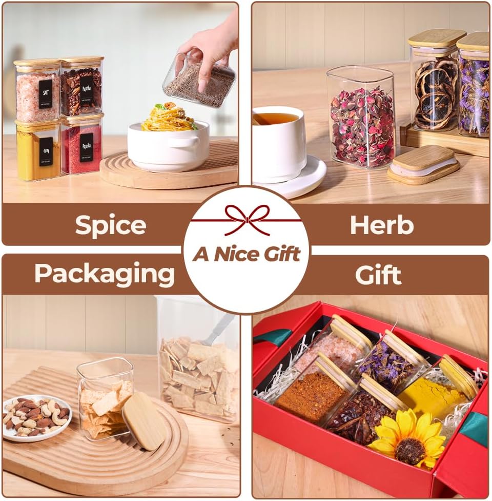 Comsaf Spice Jars with Label，8 oz Small Glass Jars with Lids, 6 Pcs Seasoning Containers, Rectangle