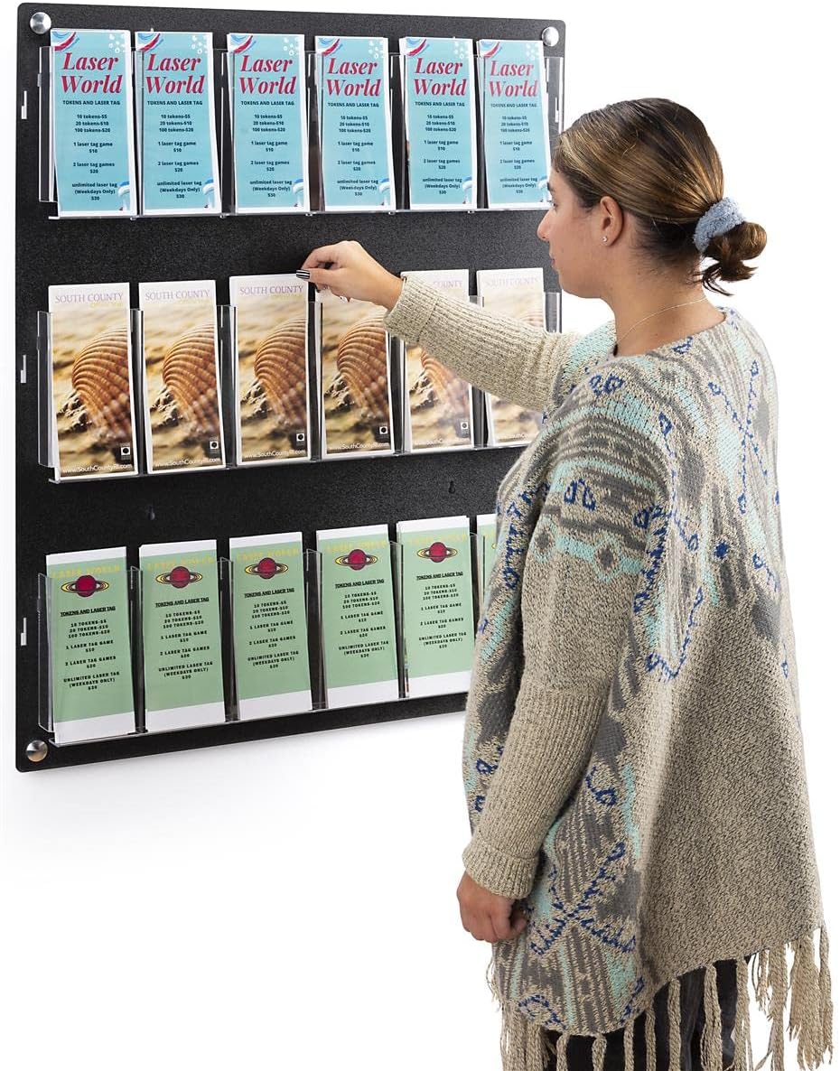 Displays2go Wall Mount Acrylic Brochure Holder, 9-18 Adjustable Pockets, Tiered Design - Black