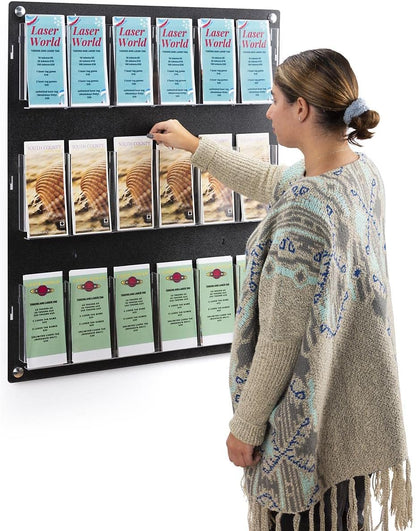 Displays2go Wall Mount Acrylic Brochure Holder, 9-18 Adjustable Pockets, Tiered Design - Black