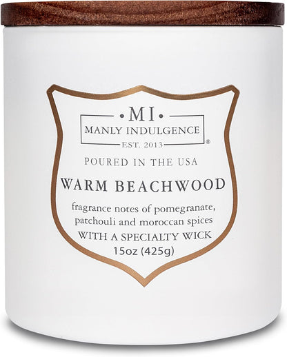 Manly Indulgence Warm Beachwood Scented Candles for Men, 15 oz Wooden Wick, Premium Soy Blend Wax