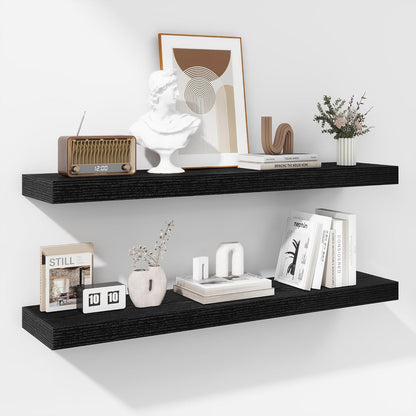 Fun Memories 36 Inch Floating Shelves - Deep Rustic Black Wooden Wall Shelves - Extra Deeper &
