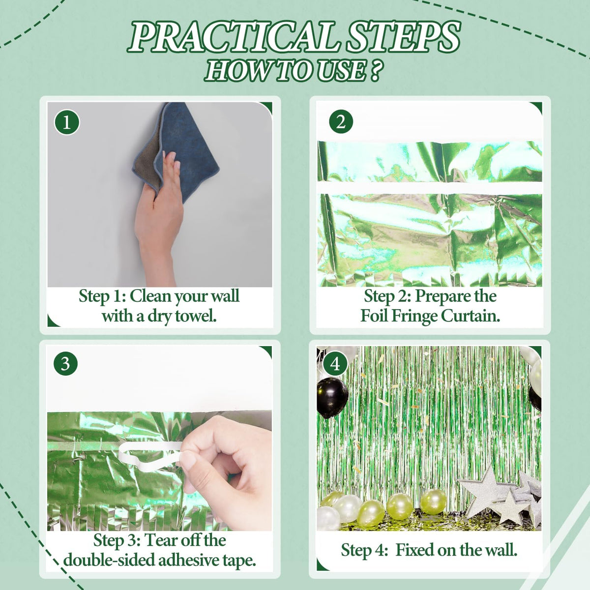 3 Pack Foil Fringe Backdrop - Light Green Shiny Tinsel Curtains for Party Decoration/Photo Booth