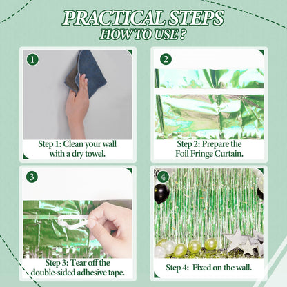 3 Pack Foil Fringe Backdrop - Light Green Shiny Tinsel Curtains for Party Decoration/Photo Booth