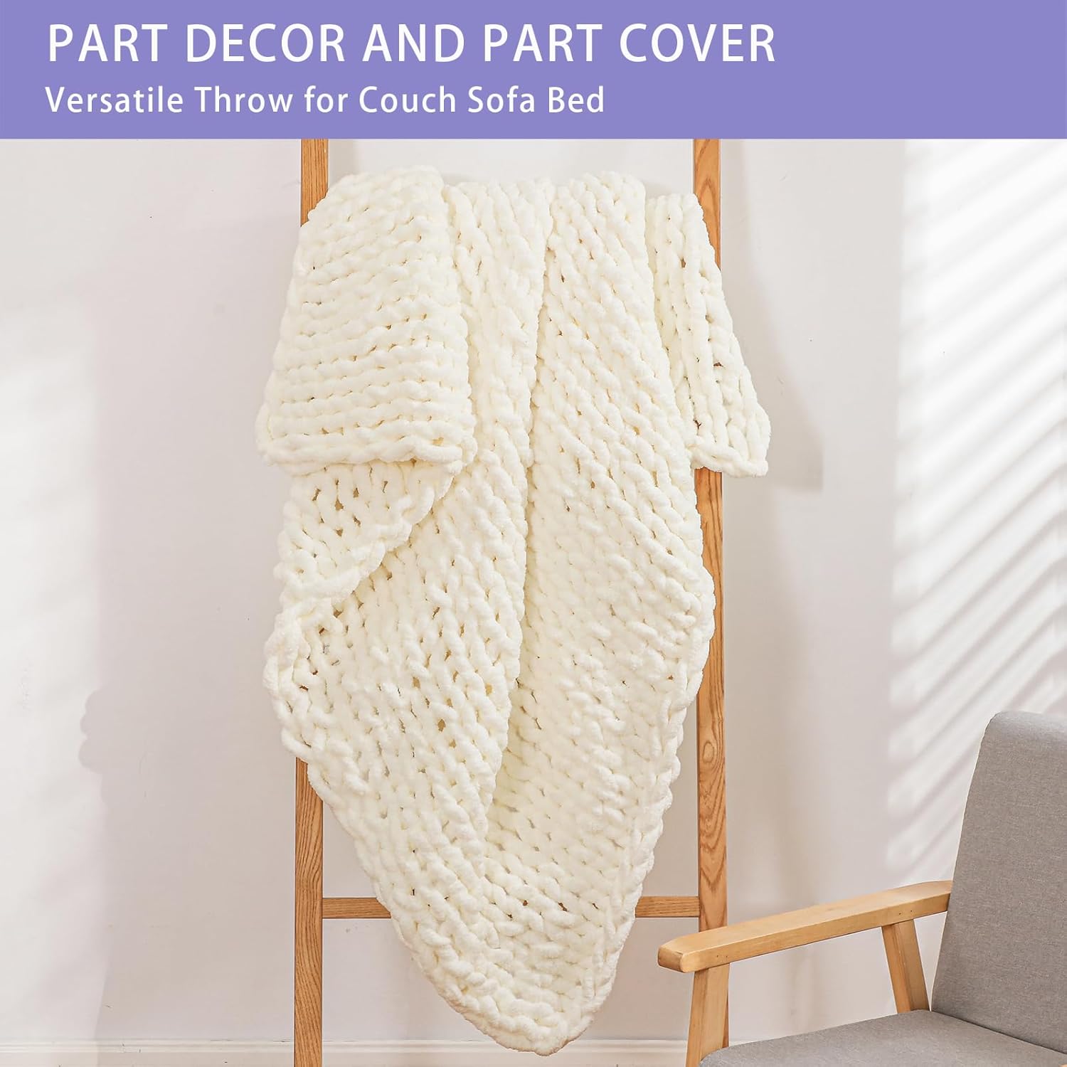 Bigacogo Chunky Knit Throw Blanket for Couch, 60x80 inches, 100% Hand Knitted with Thick Jumbo