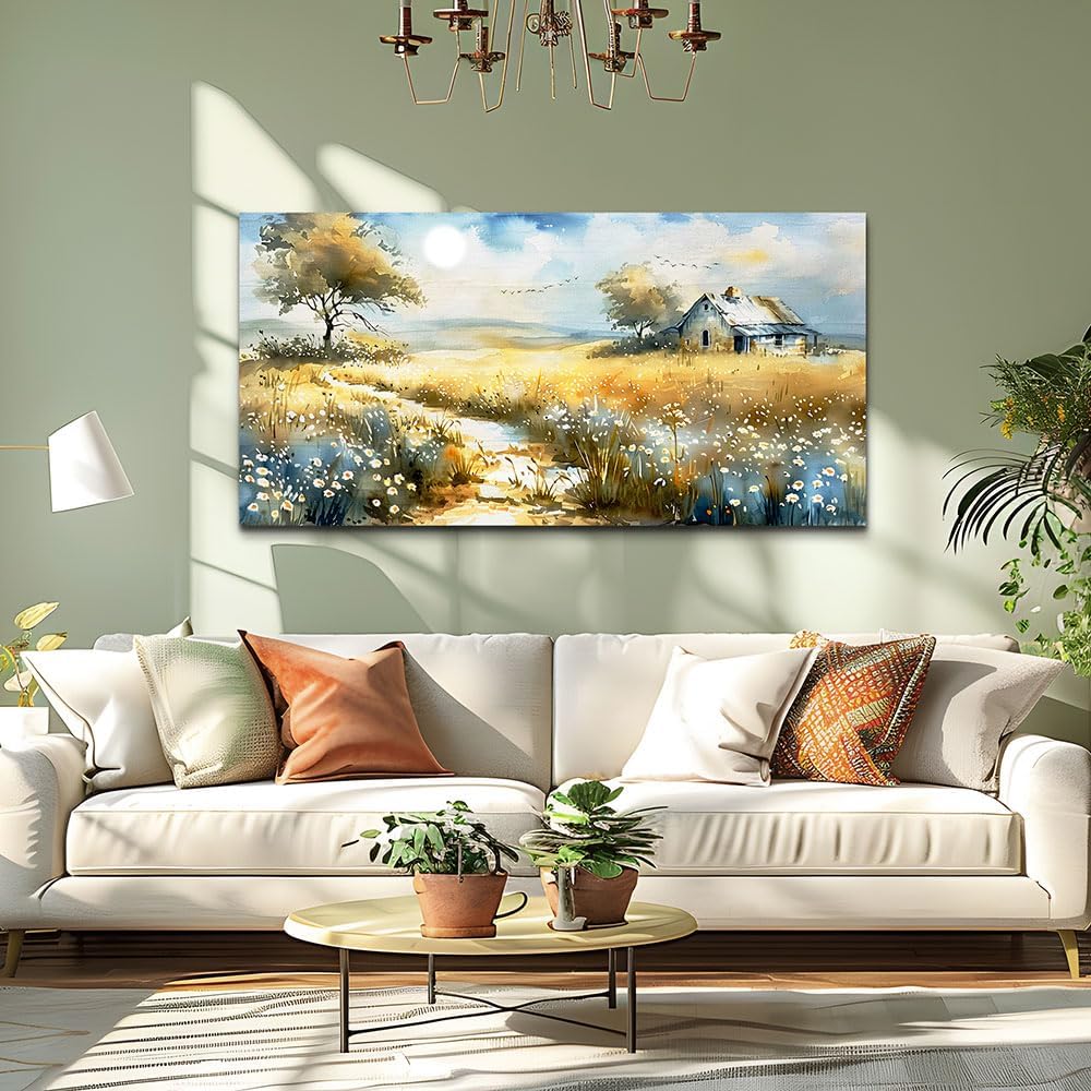 KELIYUAN Wildflower Field Landscape Painting Modern Canvas Print Wall Art Rural Field Mural Artwork