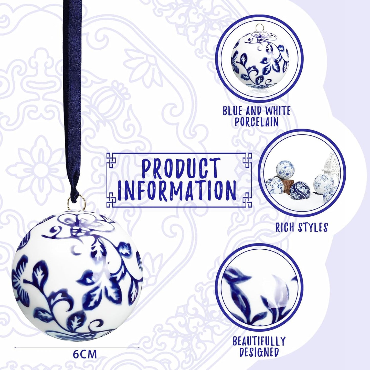 Cindeer 6 Pcs Blue and White Christmas Porcelain Balls 2.4 Inch Porcelain Chinoiserie Ornament Bulk