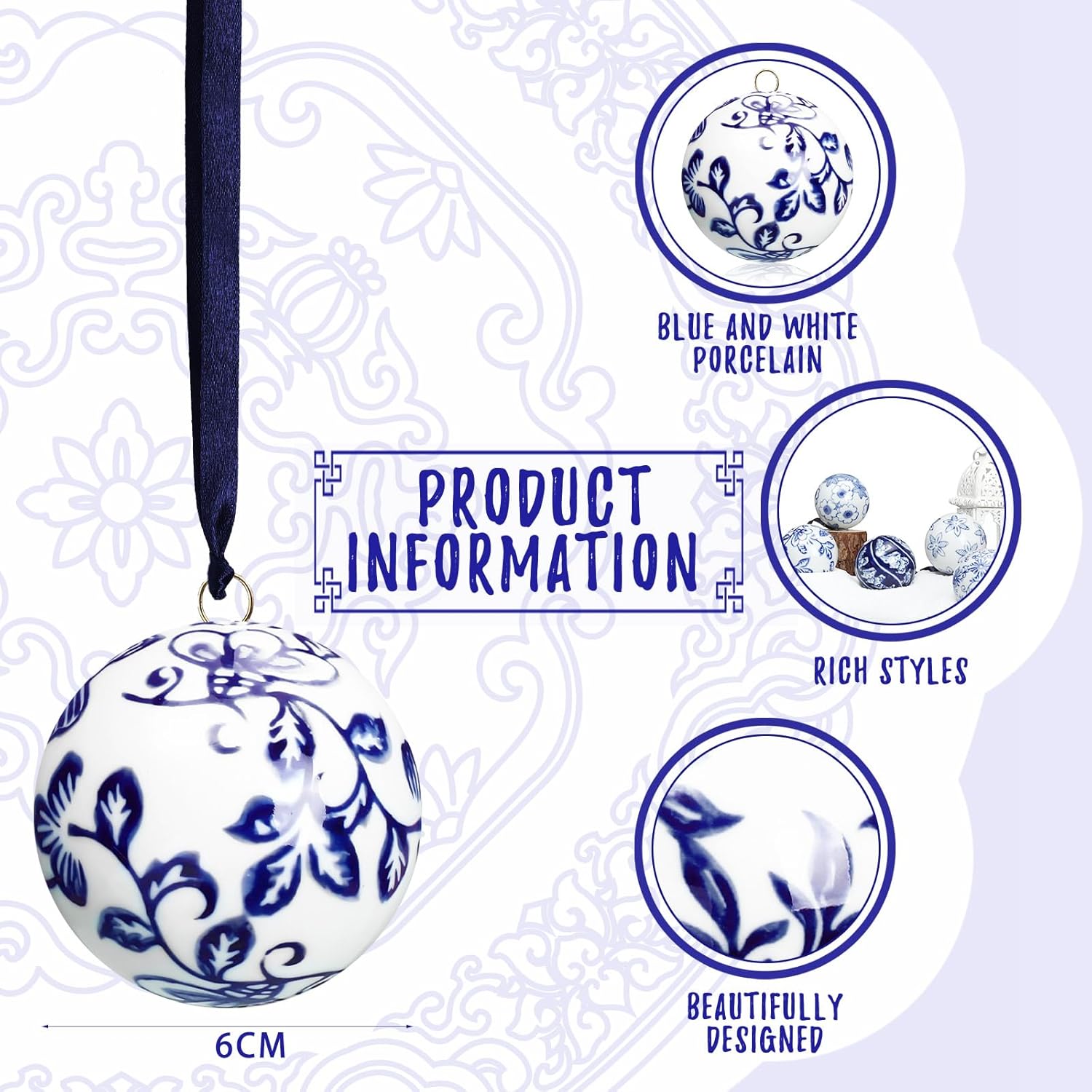 Cindeer 6 Pcs Blue and White Christmas Porcelain Balls 2.4 Inch Porcelain Chinoiserie Ornament Bulk