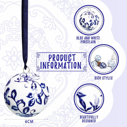 Cindeer 6 Pcs Blue and White Christmas Porcelain Balls 2.4 Inch Porcelain Chinoiserie Ornament Bulk