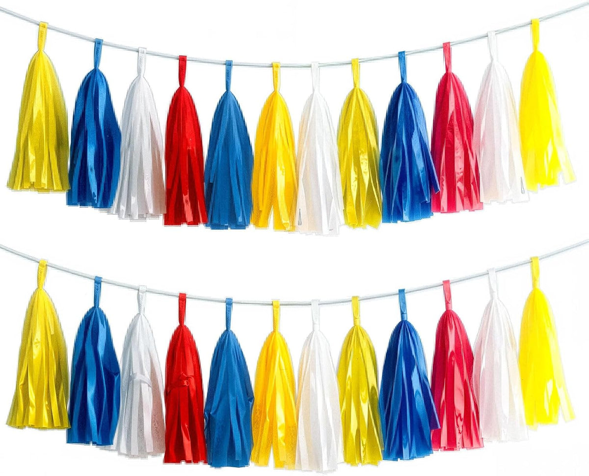 Tissue Paper Tassel Garland Banner, 20 Pack, Red Blue Yellow White, Party Decorations for Birthday
