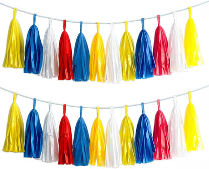 Tissue Paper Tassel Garland Banner, 20 Pack, Red Blue Yellow White, Party Decorations for Birthday