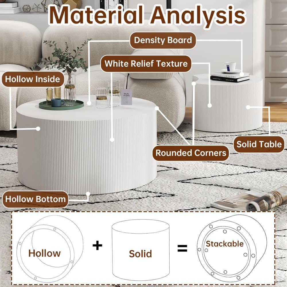 Round Nesting Coffee Table Set of 2 Modern Cream Fluted Coffee Table Small Round End Table Crescent