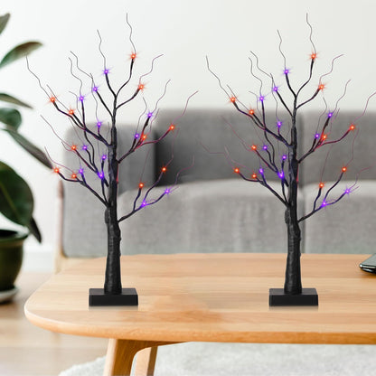Halloween Decorations Indoor,2 Pack 2FT Birch Tree with 24 Orange and Purple LED Lights,Black