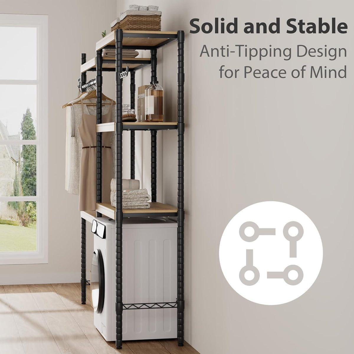 CABIHOME 5-Tier Over-The-Washer Shelf - Adjustable Height Laundry Organizer Space Saver
