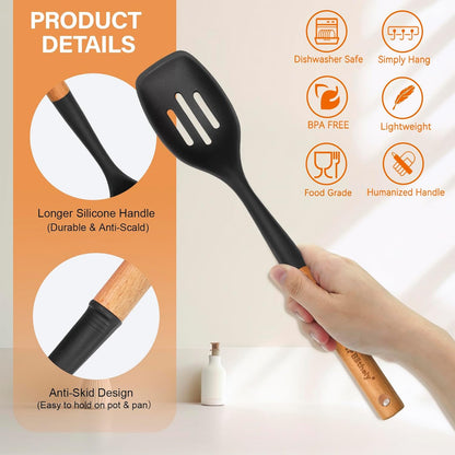 Large Silicone Cooking Spoon Set, 2 Pack Solid Slotted Spoon with Wooden Handle, Nonstick Silicone