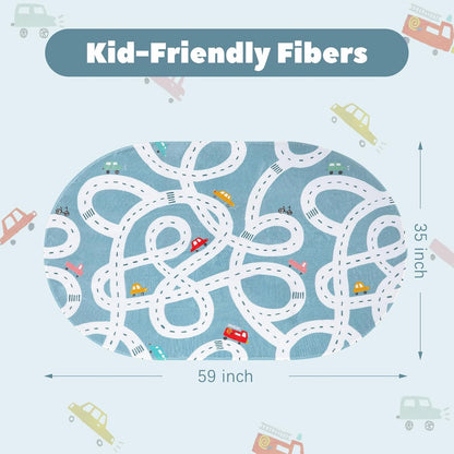 STARUIA Small Road Rug for Kids Room, 3'x5' Washable Kids Play Rug for Baby Nursery, Non-Slip Car