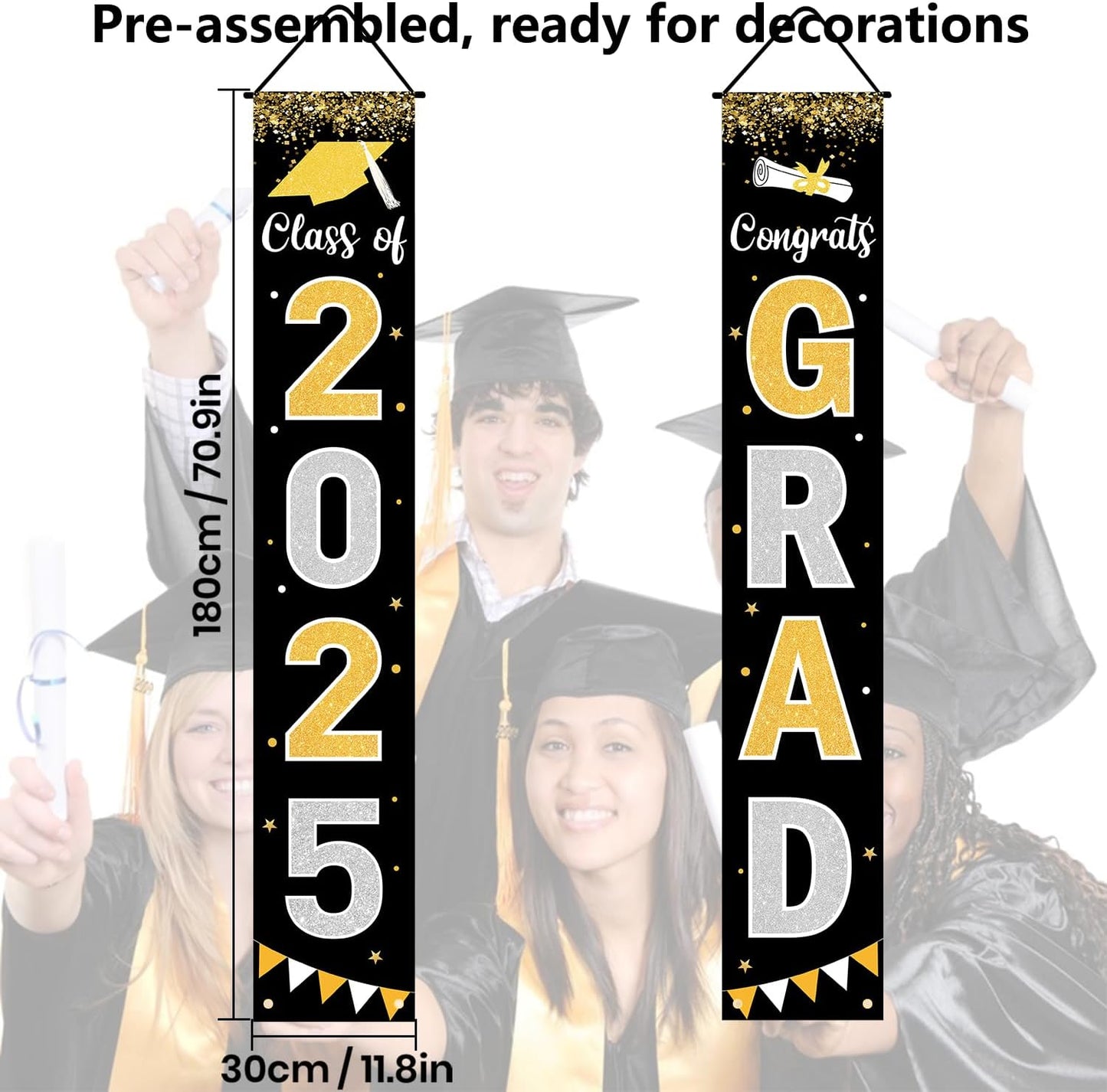 Graduation Decorations 2025 GRAD Banner Black Porch Door Sign Welcome Banner For Indoor Outdoor
