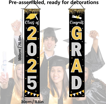 Graduation Decorations 2025 GRAD Banner Black Porch Door Sign Welcome Banner For Indoor Outdoor