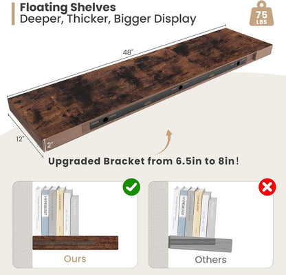 Heimlove 12 Inch Deep Floating Shelves, 48 x 12 inches Long Wall Shelf, Large Display Shelf &