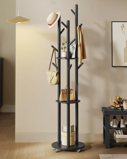 VASAGLE Freestanding Coat Rack Stand, Coat Tree with 11 Hooks, 3 Shelves, 4 Removable 360° Swivel