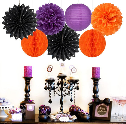 Black Orange Purple Halloween Party-Decorations - 14pcs Kits Paper Lanterns Fan,Tissue Flower Pom