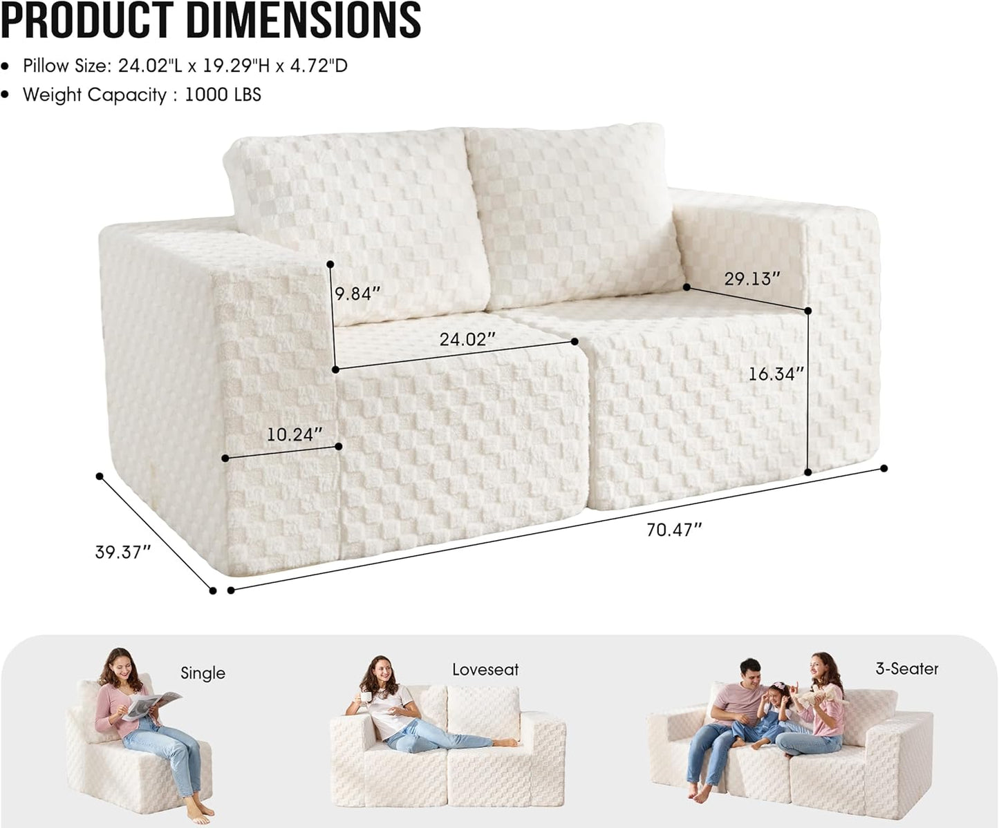 Modular Sectional Sofa 2 Seater Loveseat Modular Couch with Deep Seat Memory Foam Cloud Chair with
