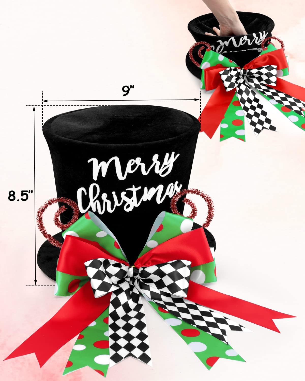 Merry Christmas Tree Topper Whimsical Top Hat with Check Bows Xmas Tree Ornament Winter Holidays