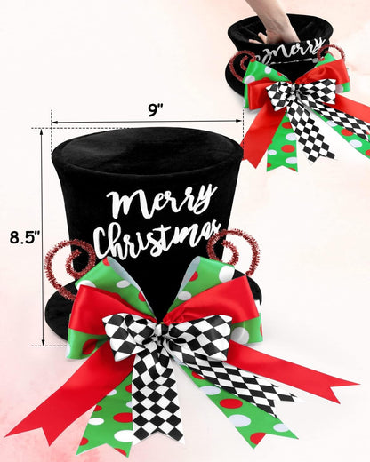 Merry Christmas Tree Topper Whimsical Top Hat with Check Bows Xmas Tree Ornament Winter Holidays