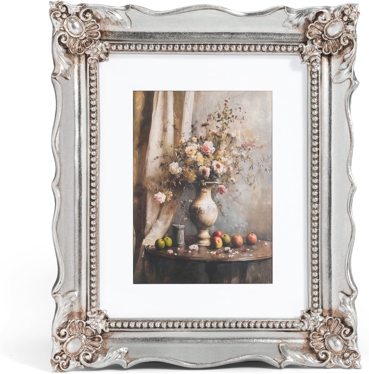 8x10 Vintage Picture Frame with Embossed Flower Design, Silver Ornate Frame for 8x10 or 5x7