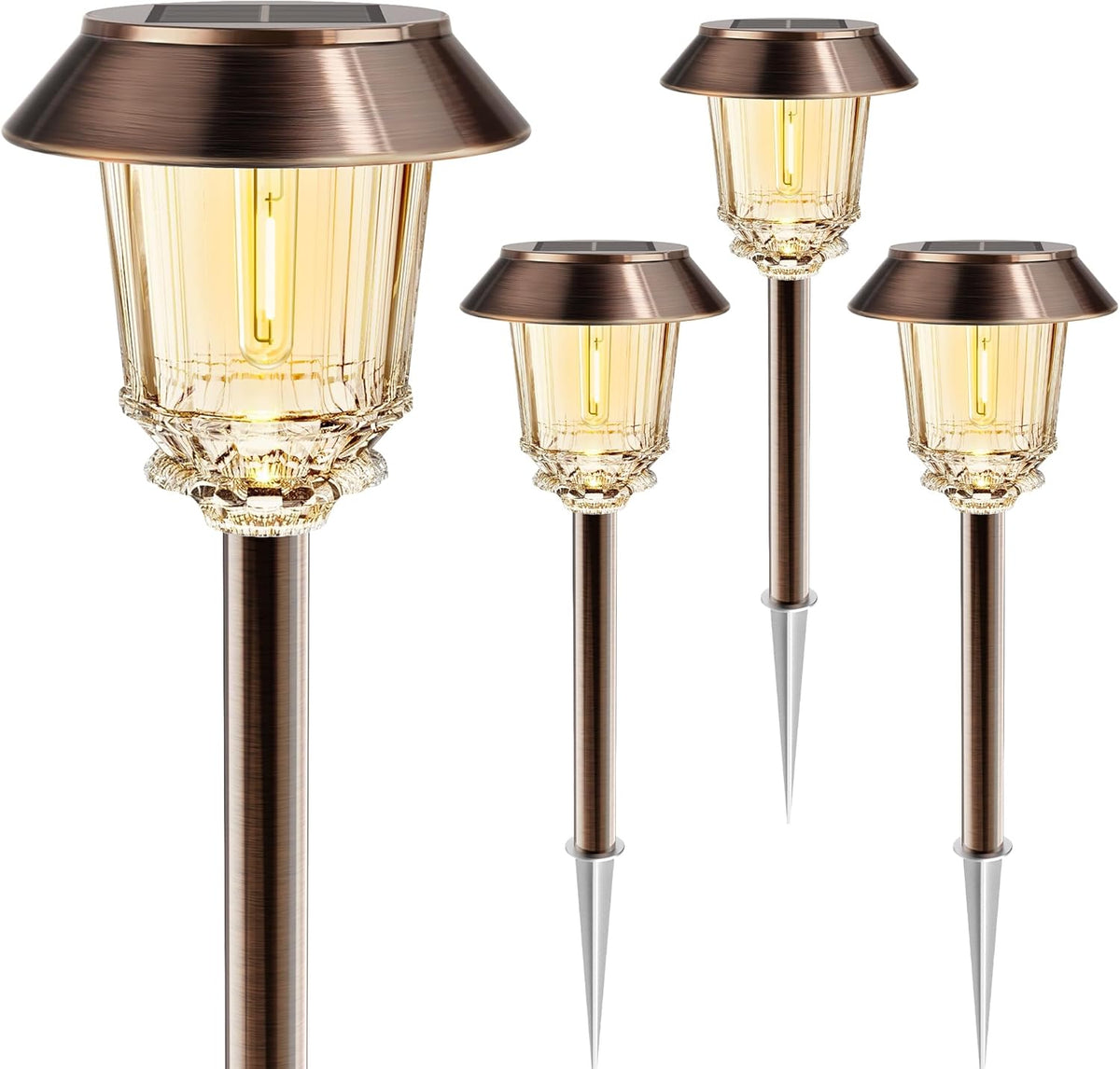 Solar Lights Outdoor Waterproof,4 Pack Bronze Pathway Lights with 10-40 LM Dimmable Glass and