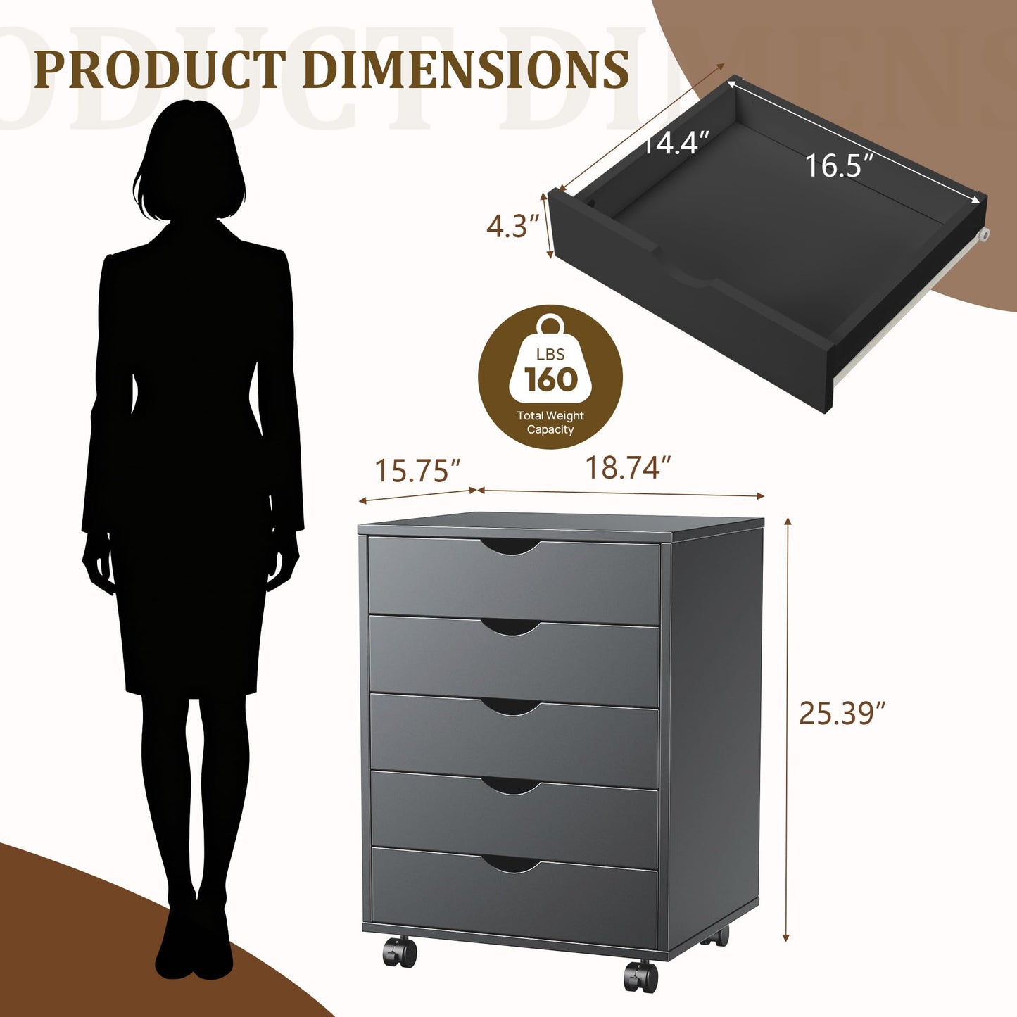5 Drawer File Cabinet with Wheels, Under Desk Storage Drawers, Black