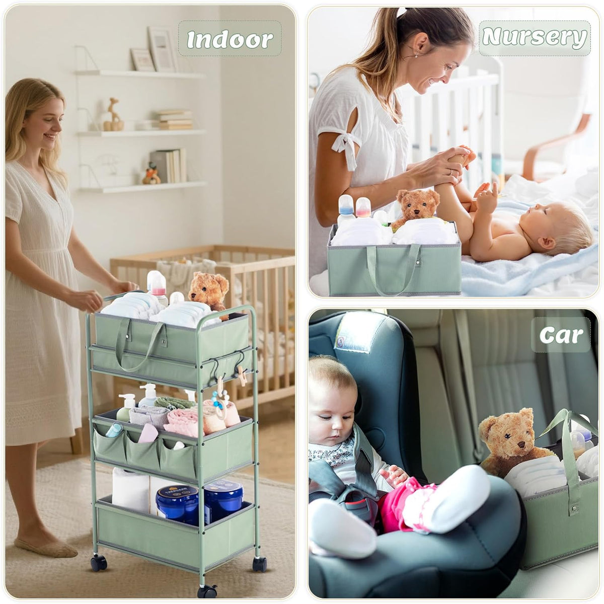 Honeydak 2in1 Baby Diaper Caddy Organizer Cart 3 Tier Large Capacity Metal Utility Bedside Rolling