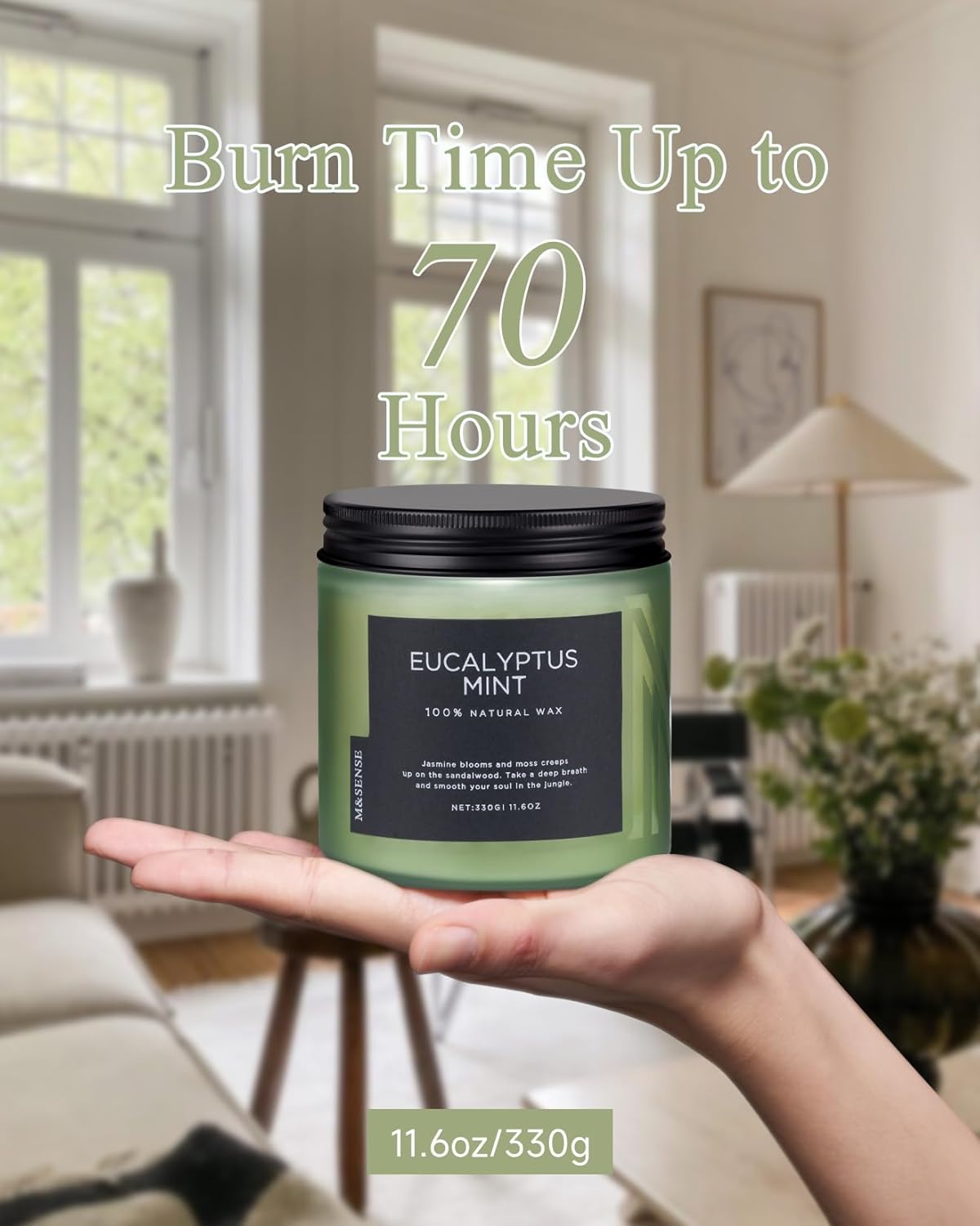 M&SENSE Eucalyptus & Mint Soy Candles for Home Scented, 11.6oz 70 Hour Burn Aromatherapy Candle