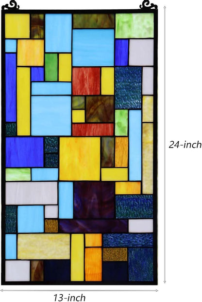 Bieye Geometric Color Block Tiffany Style Stained Glass Window Panel with Hanging Chain (13x24
