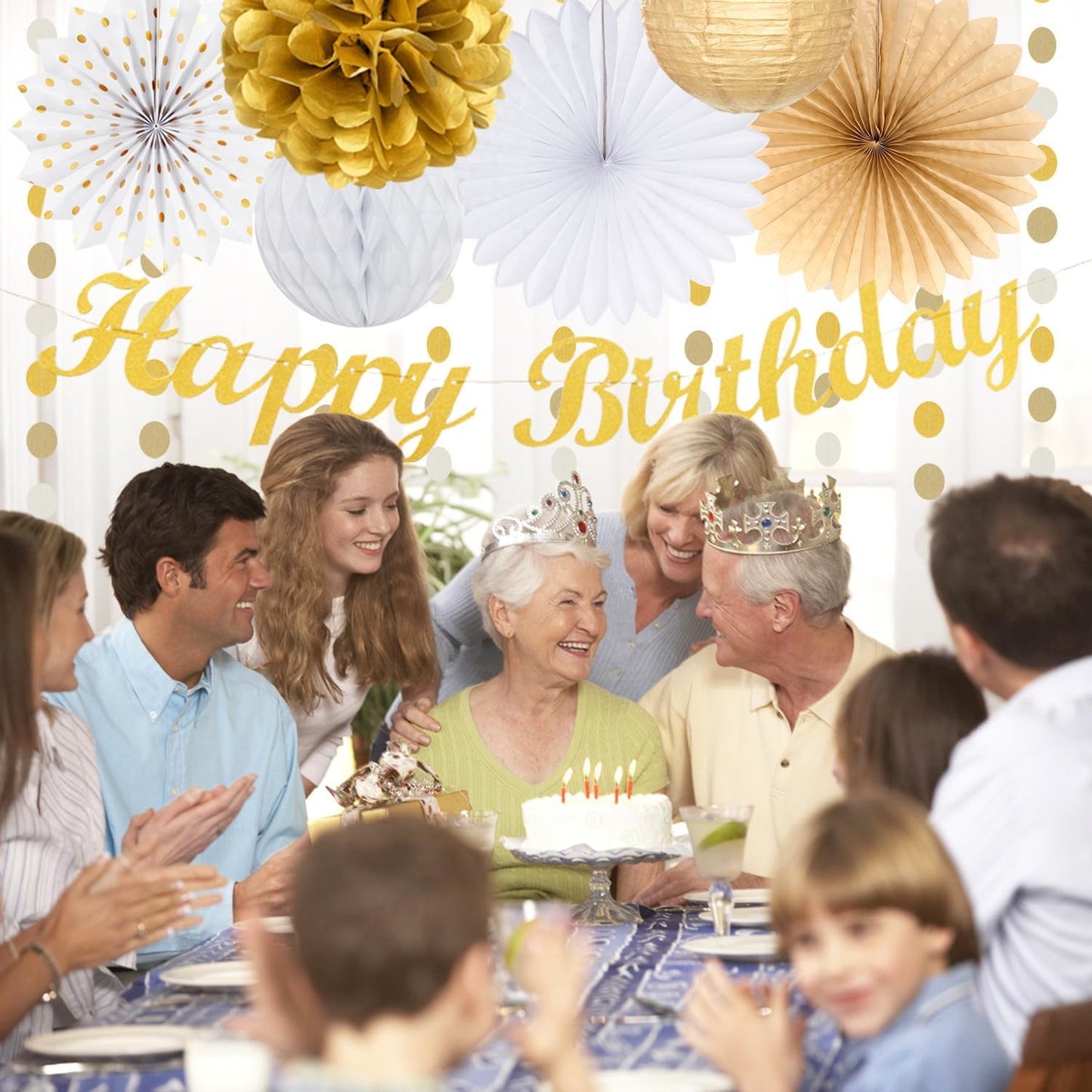 White Champagne Gold Birthday Party-Decorations - 21pcs Happy Birthday Banner,Paper Lanterns,Tissue